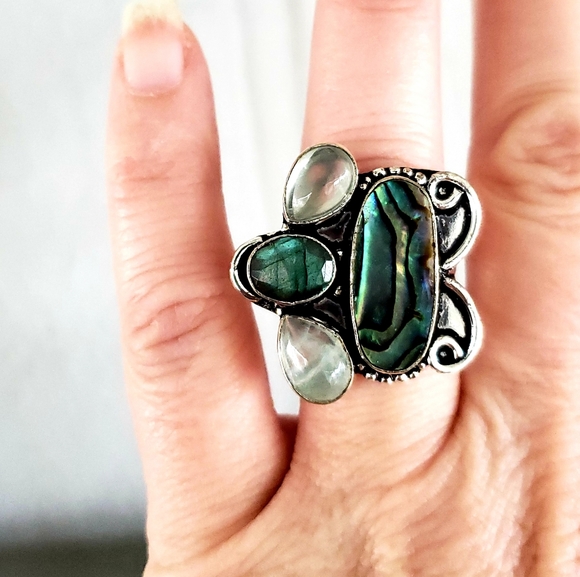 New Abalone Shell, Labradorite and Agate 925 Silver Ring. - Picture 5 of 8
